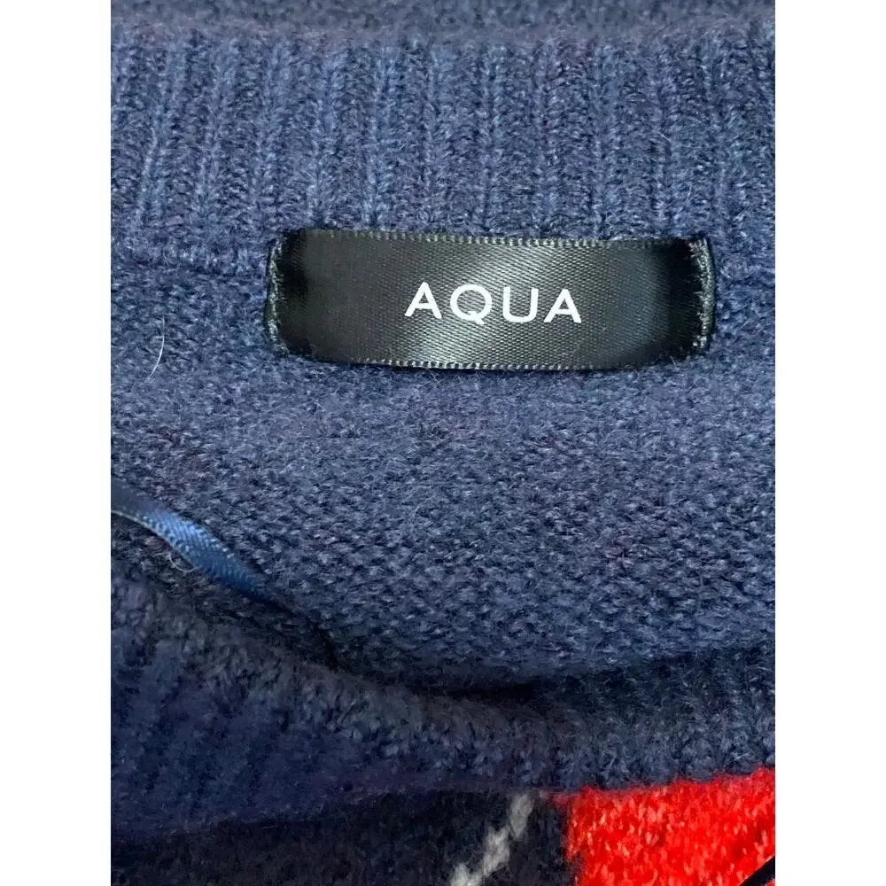 Aqua Women's Navy Blue Argyle Knit Long Sleeve Crew Neck Sweater Top Size L